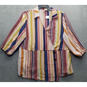 C Est 1946 Wrap Top Womens 18/20W Multi Striped 3/4 Sleeve Collared Button Front
